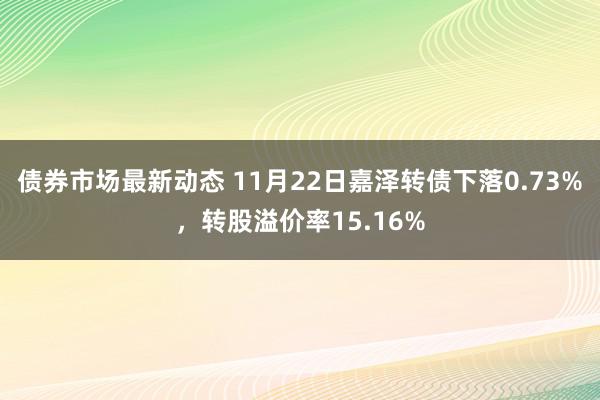 债券市场最新动态 11月22日嘉泽转债下落0.73%，转股溢价率15.16%