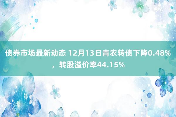 债券市场最新动态 12月13日青农转债下降0.48%，转股溢价率44.15%